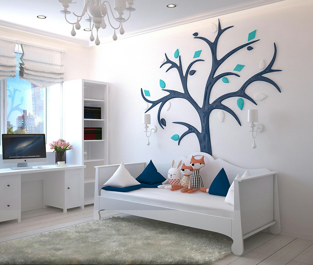 creative-02 A stylish children's room with a modern design featuring a tree wall art and plush toys.