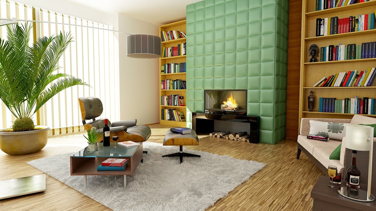 creative-03 Elegant modern living room featuring stylish decor, bookshelves, and a cozy fireplace.