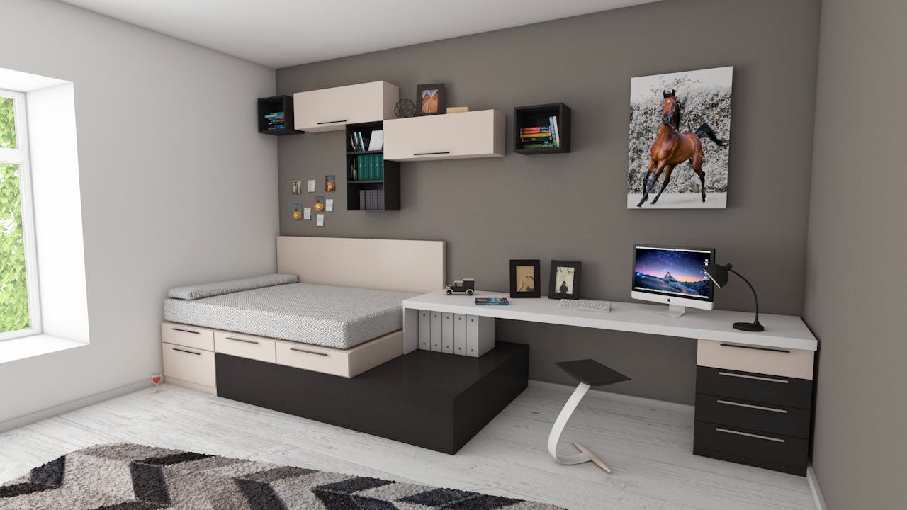 creative-03 Stylish minimalist bedroom with modern furnishings and workspace area, perfect for home offices.